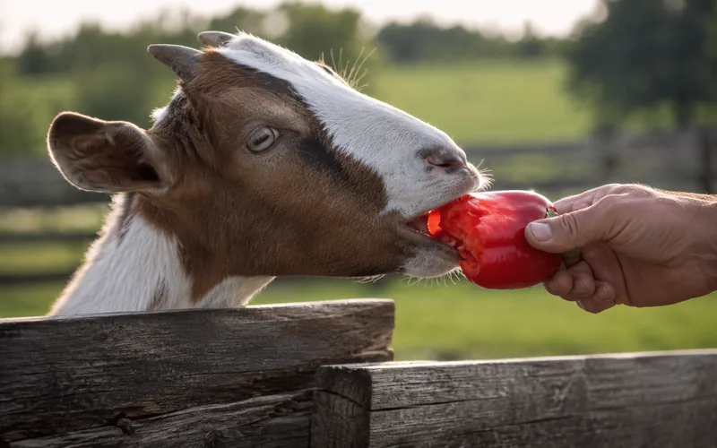A goat eagerly taking a red bell pepper from a farmer's hand at a wooden fence