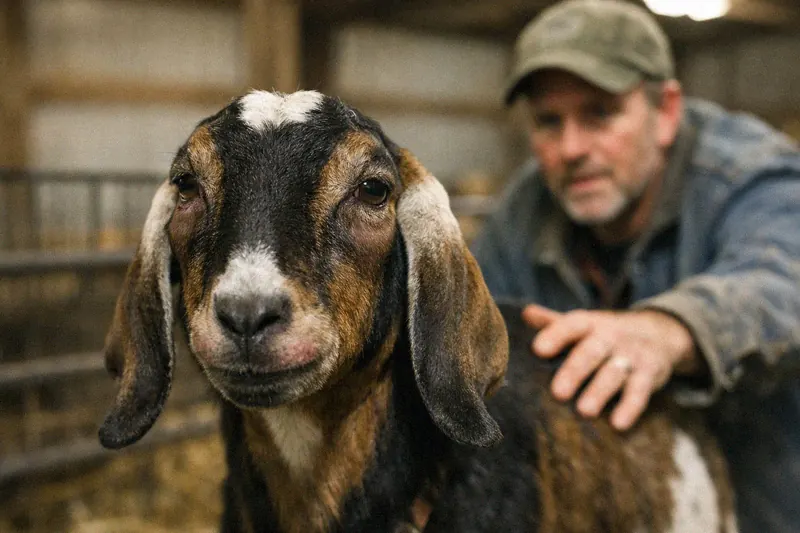 Goat showing mild facial swelling around the eyes after a CDT vaccine reaction