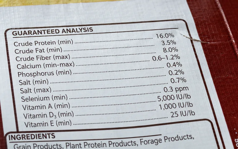 Close-up of a goat feed bag's Guaranteed Analysis nutrition label showing crude protein, calcium, and phosphorus values