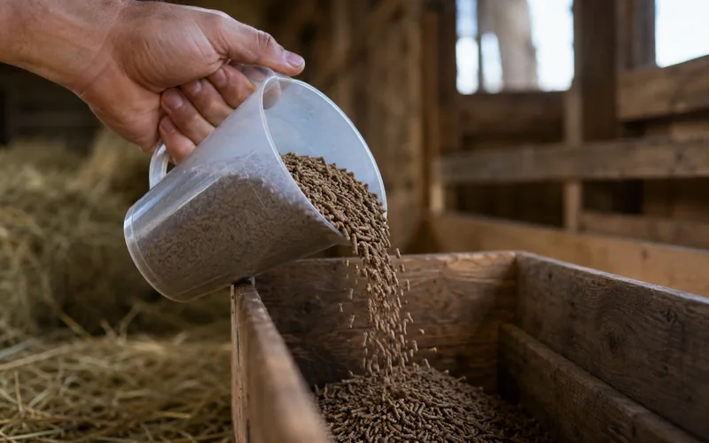 A measuring cup portioning goat feed over a trough to illustrate safe serving limits