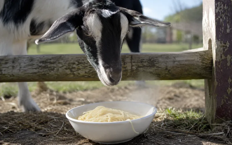 A curious dairy goat looking over a wooden fence rail at a bowl of plain cooked pasta