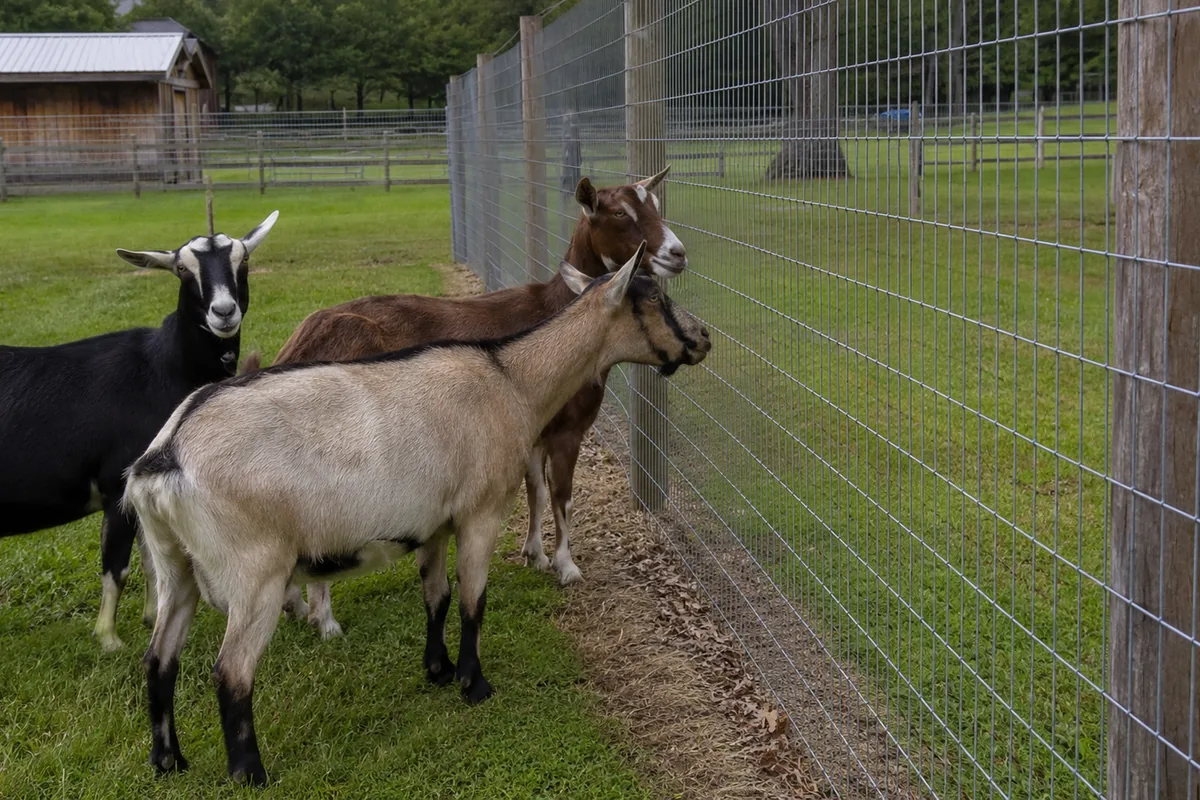 Goats standing calmly inside a tall, tight woven wire fence on a farm