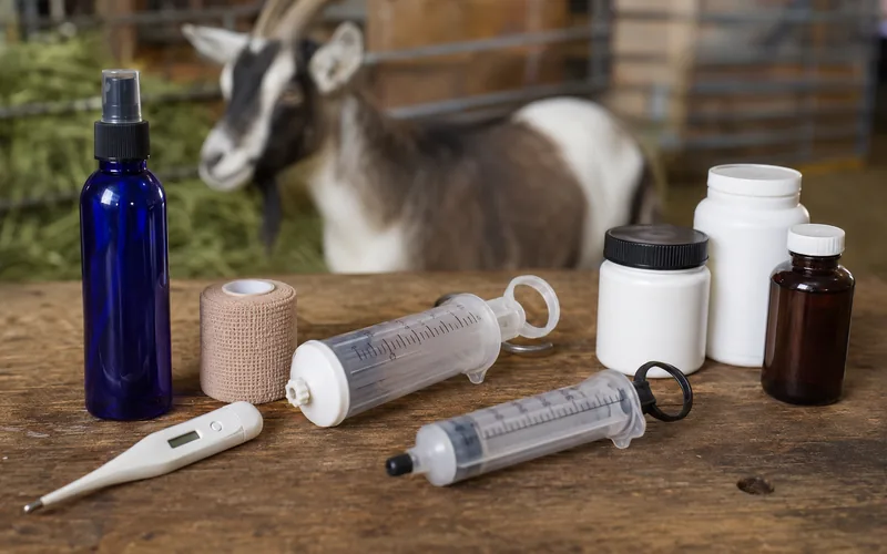 A goat first aid kit laid out on a workbench with wound spray, a thermometer, syringes, and supplement bottles