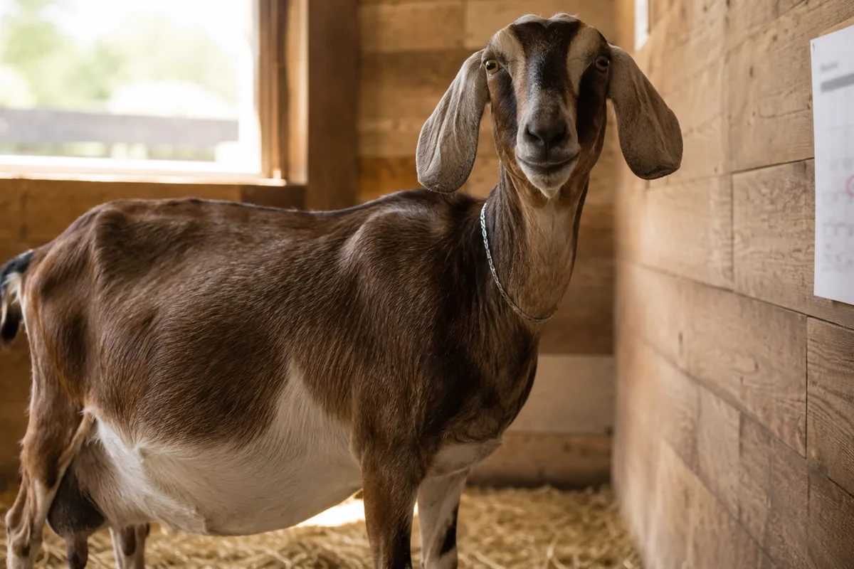 A pregnant doe in a barn beside a goat gestation due-date chart