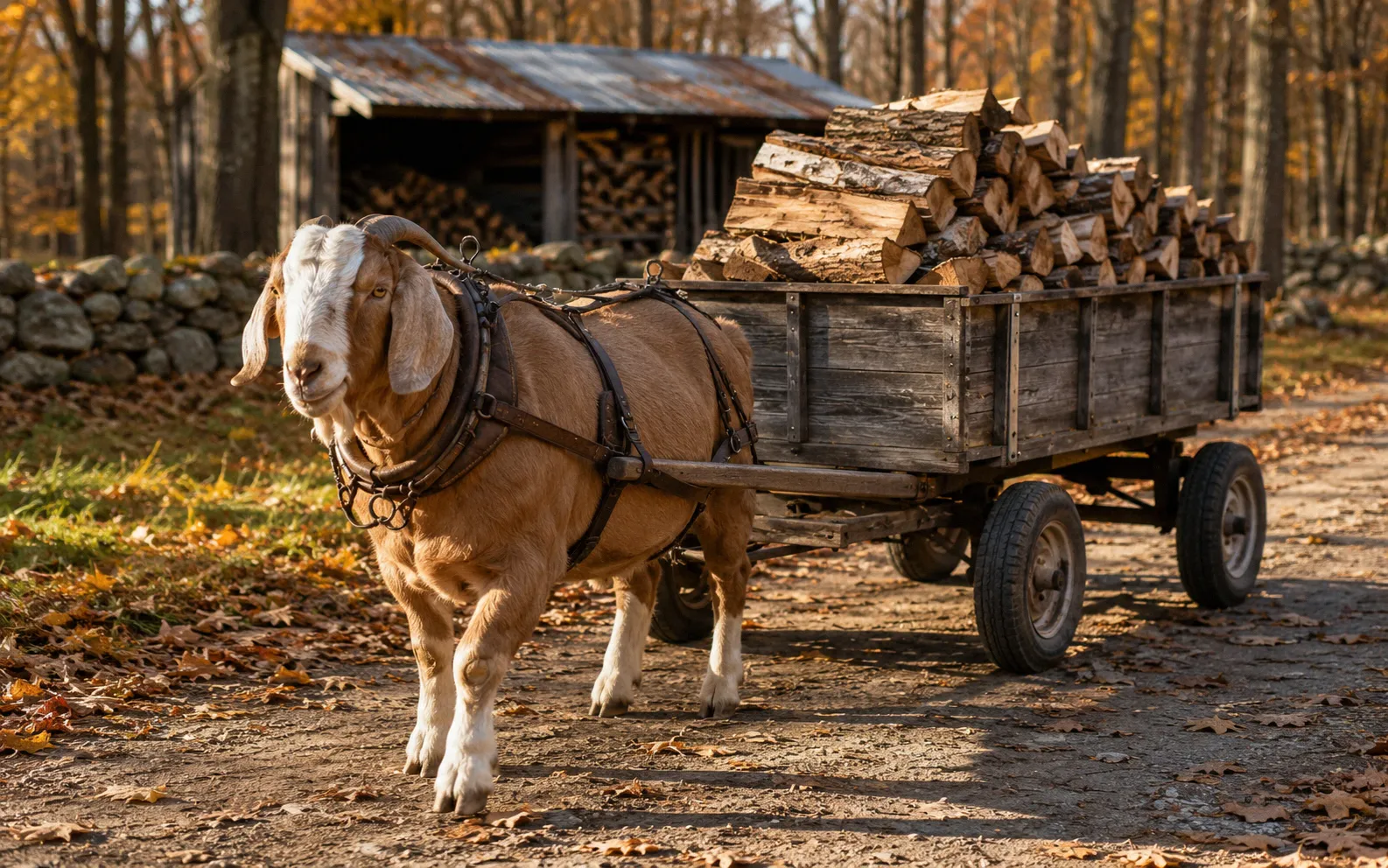 Large Boer goat in a driving harness pulling a wooden cart loaded with split firewood along a dirt path in autumn