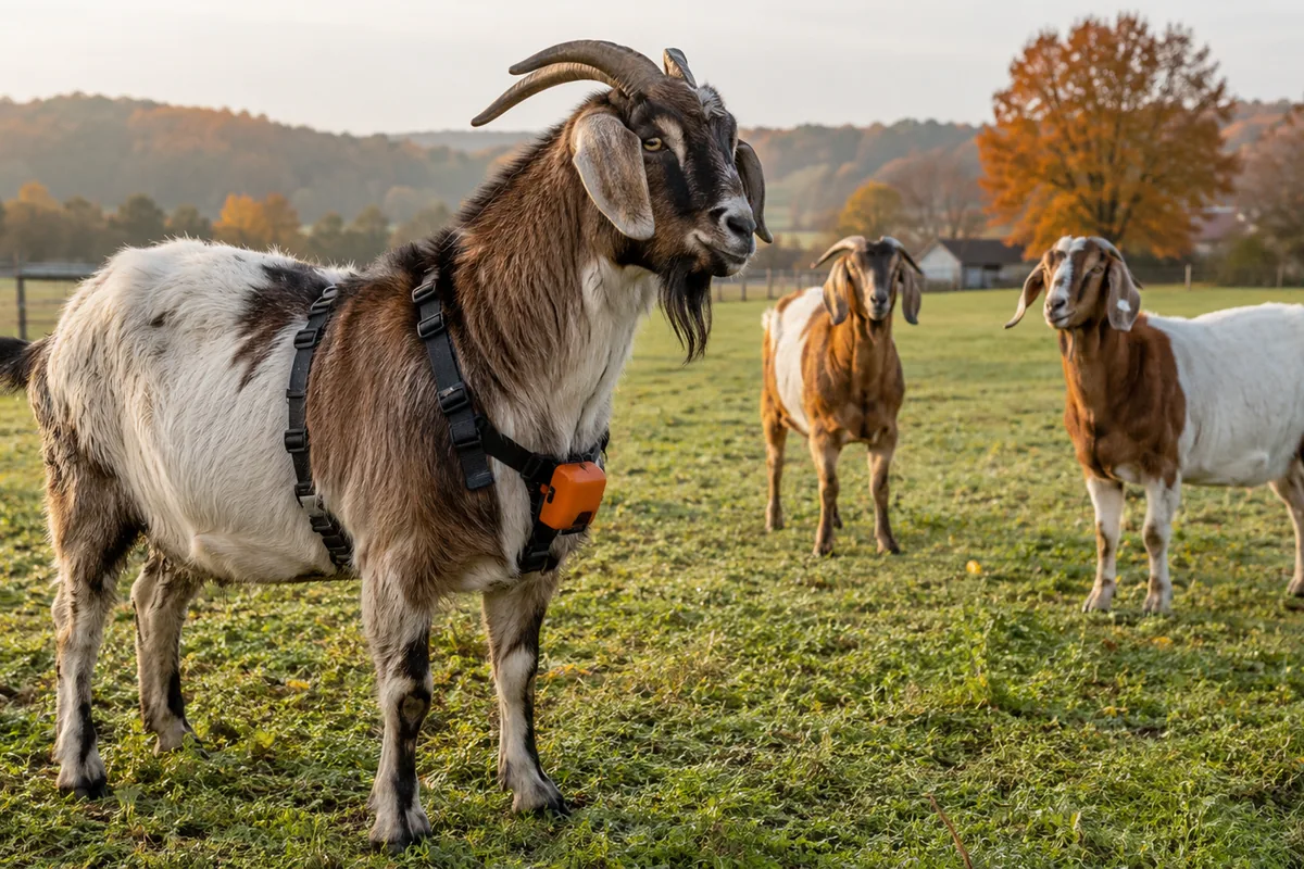 A buck wearing a marking harness with a doe during breeding season