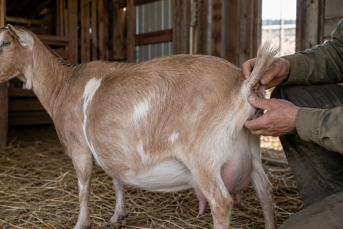Checking the tail head ligaments on a heavily pregnant doe