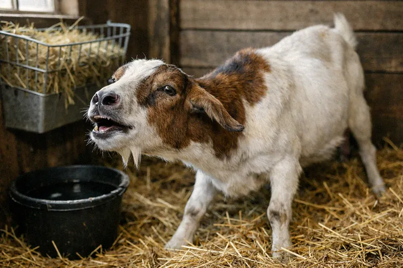 Goat stretching its neck forward showing signs of labored breathing after vaccination