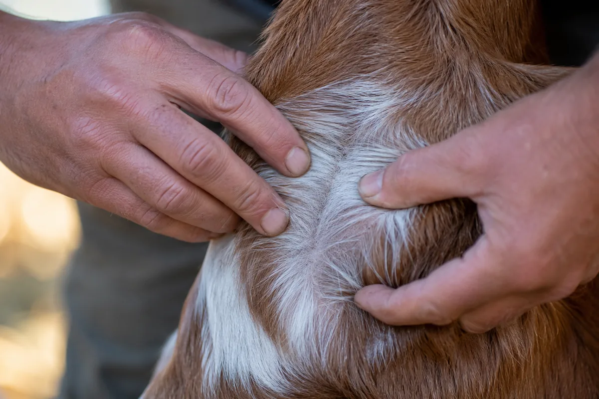 Parting a goat's coat down to the skin to check for lice and nits