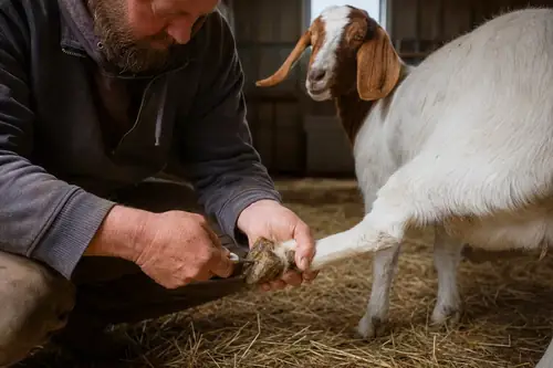 A goat owner lifting and inspecting a goat's hoof to find the cause of limping