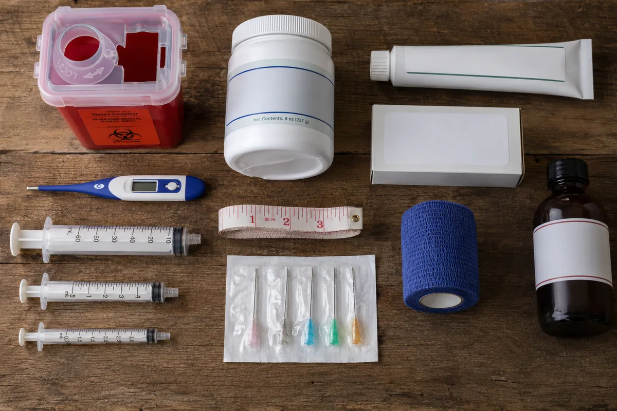 A stocked goat medicine cabinet and first-aid kit with thermometer, syringes, electrolytes, and vet wrap