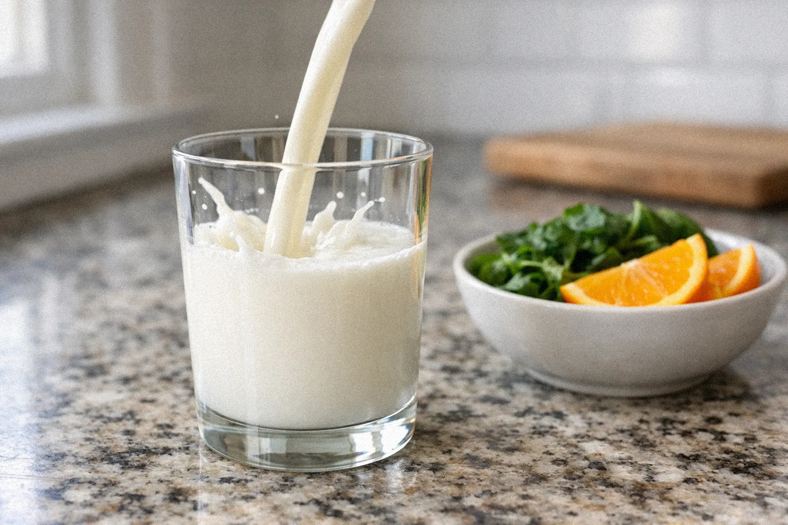 Fresh goat milk poured into a glass next to folate-rich foods