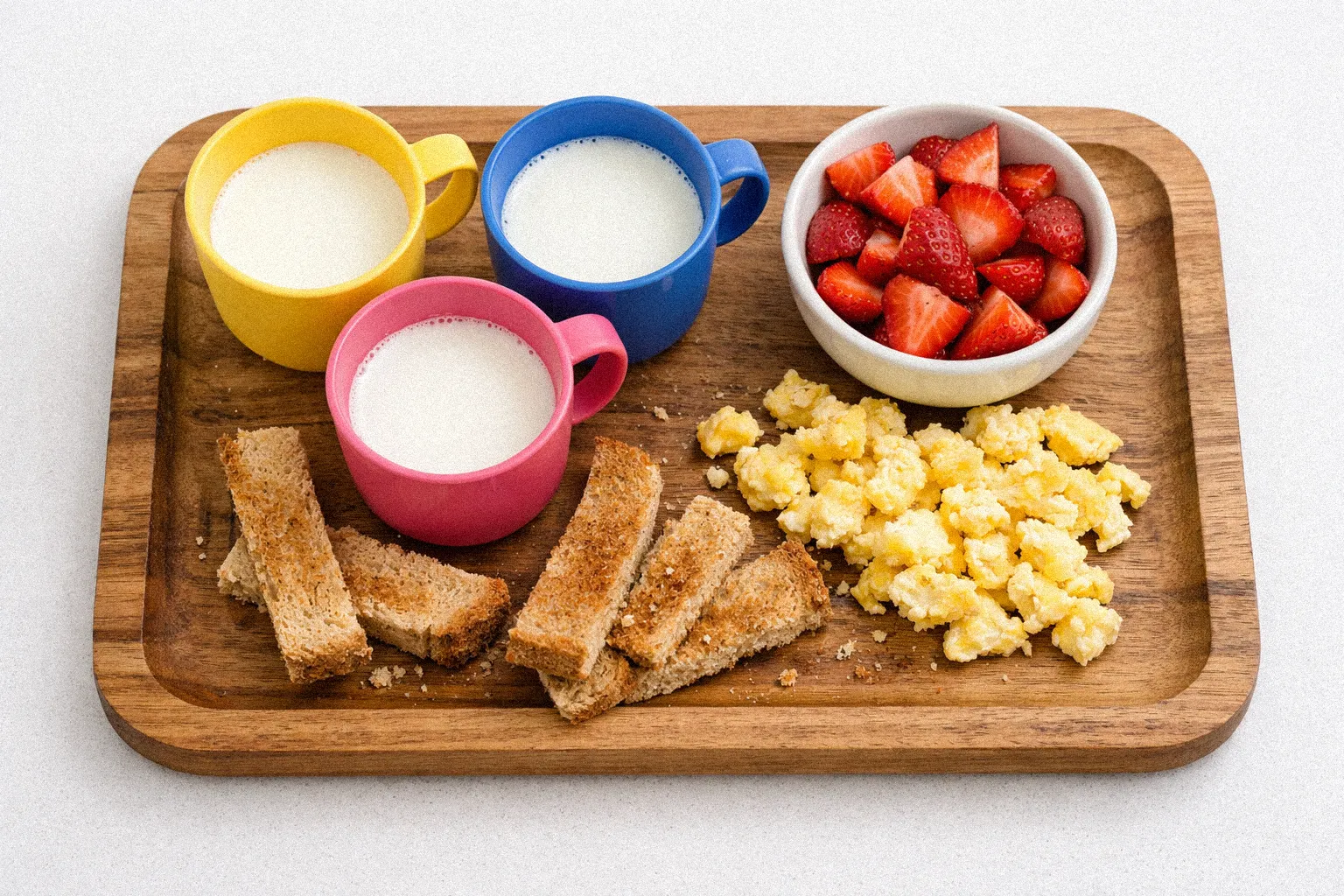 Cups of goat milk served with toddler-friendly solid foods
