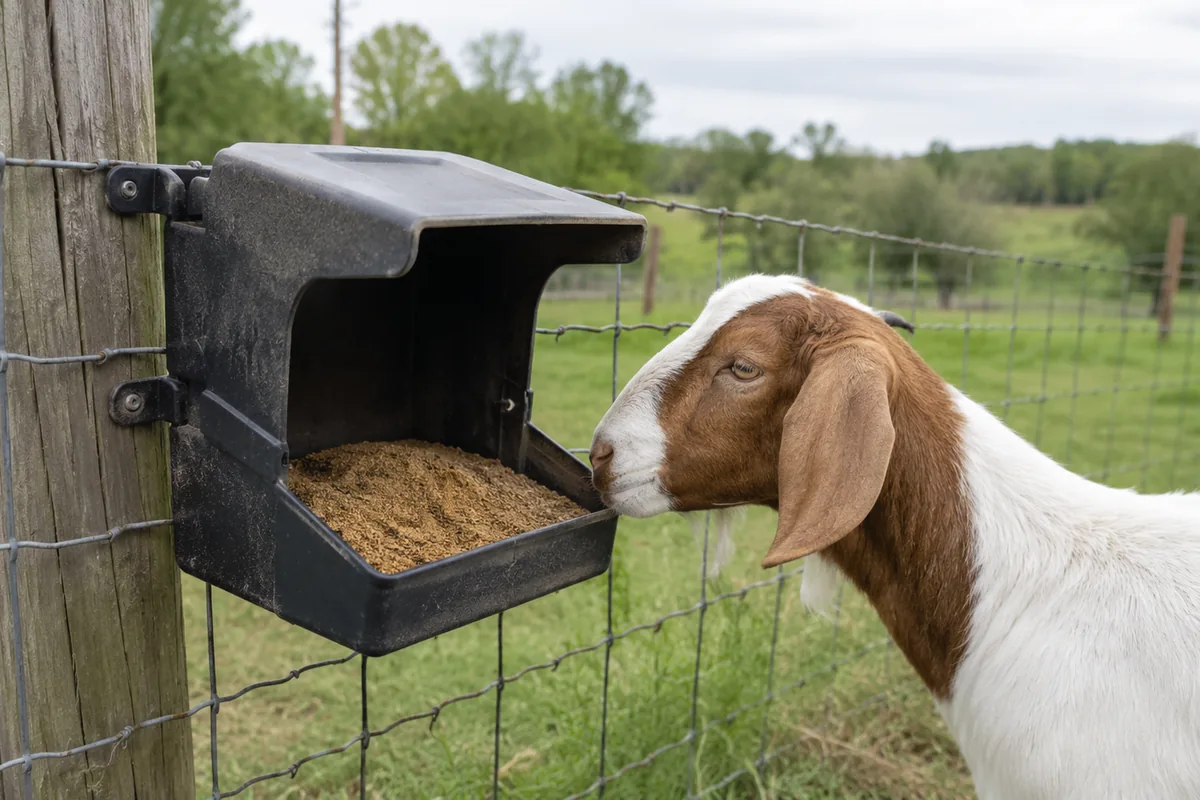 Goats eating loose minerals from a covered mineral feeder in a pasture