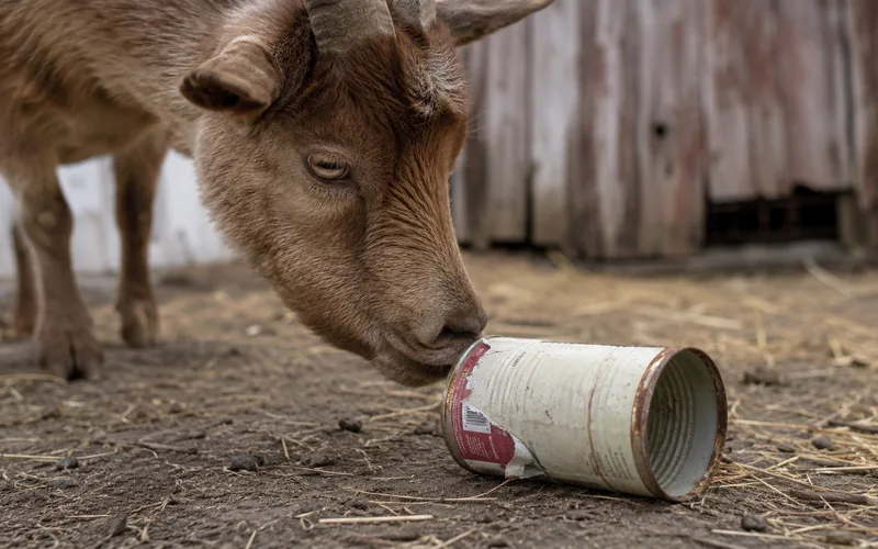 Goat mouthing an empty tin can in a farmyard