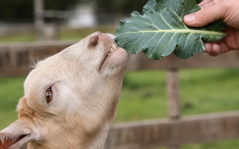 A goat reaching up to nibble a large dark green broccoli leaf held out by a person's hand