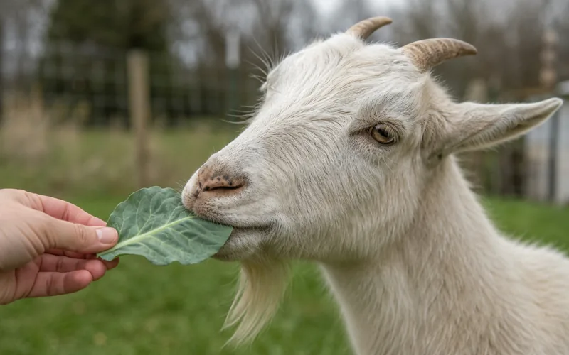 A goat reaching up to nibble a large green Brussels sprout leaf held out by hand