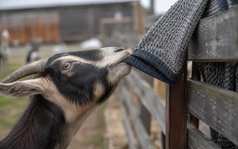 A goat nibbling on a knitted sweater draped over a wooden fence