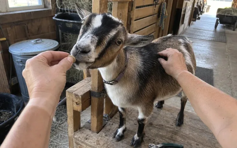 Nigerian Dwarf goat on a milk stand getting a small treat reward