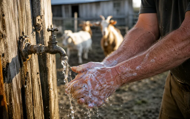 A goat owner washing hands at an outdoor tap after handling goats, goats visible behind in their pen