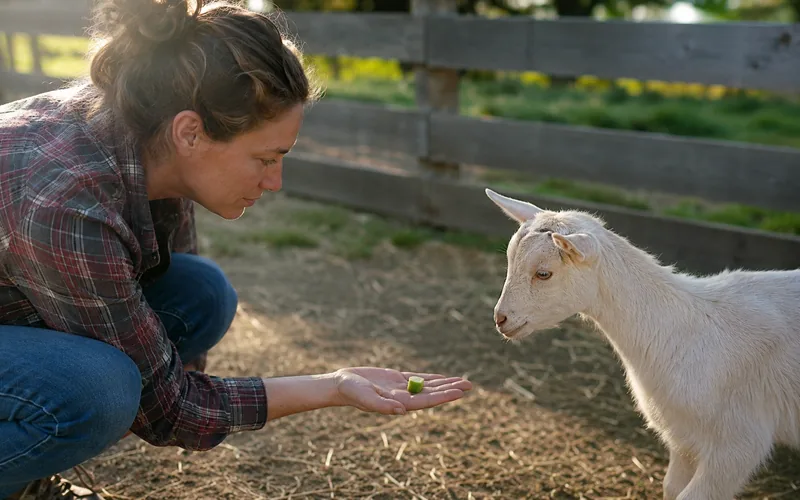 A woman farmer crouching to offer a single piece of bell pepper from her open palm to a cautious white goat
