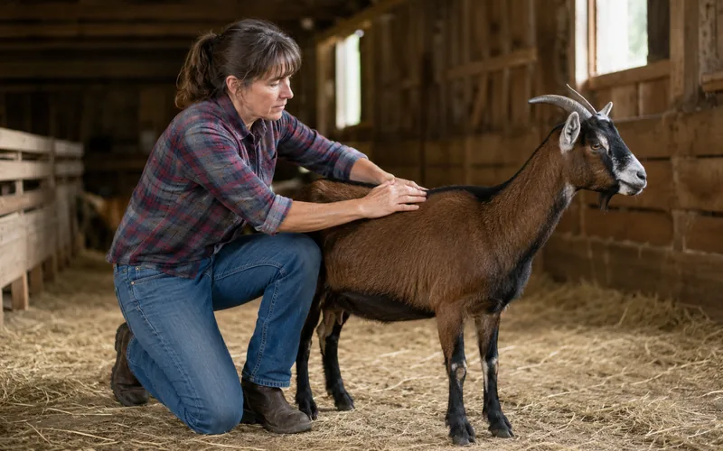 A farmer kneeling beside a goat in a barn stall, running a hand along the goat's spine to check body condition