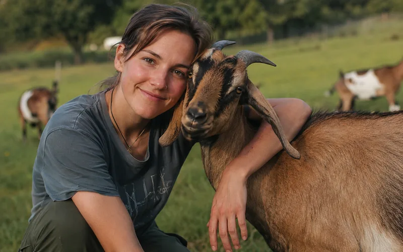 A woman crouching in a sunny pasture with her arm around a friendly goat, relaxed and unconcerned about catching lice