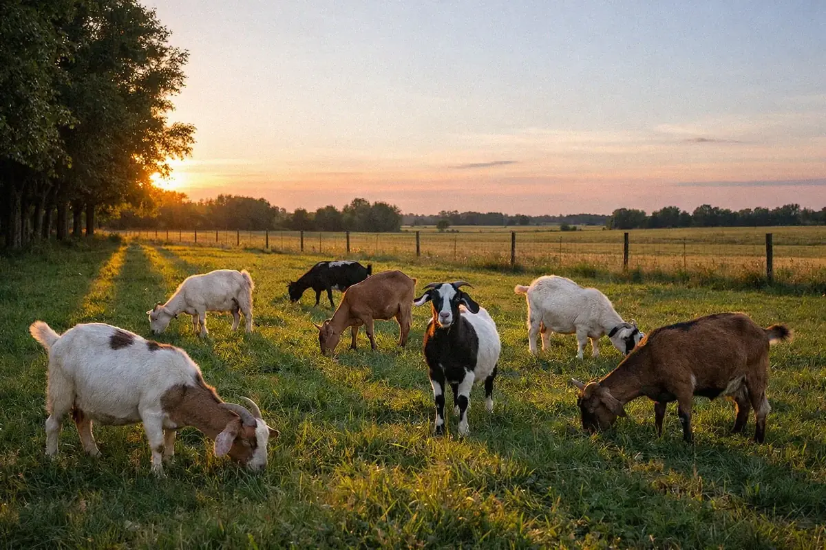 Pastoral farm scene at dusk with goats grazing as shadows lengthen across the pasture