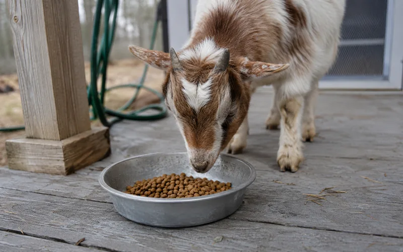 A curious brown goat peering into a metal dog bowl filled with dry kibble on a farm porch