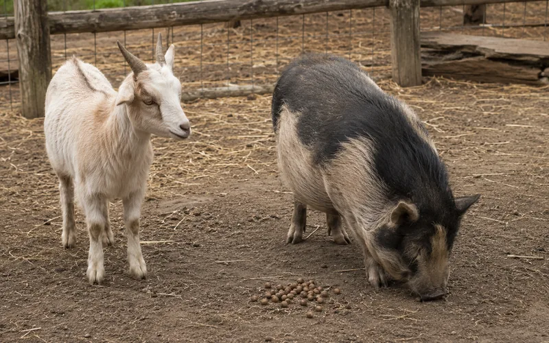 A goat and a pig sharing a barnyard near a pile of fallen acorns