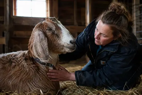 A goat owner listening to a goat's chest and checking it for labored breathing in a barn