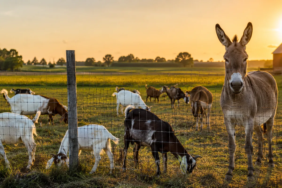 Goats grazing safely inside secure fencing with a guardian animal nearby
