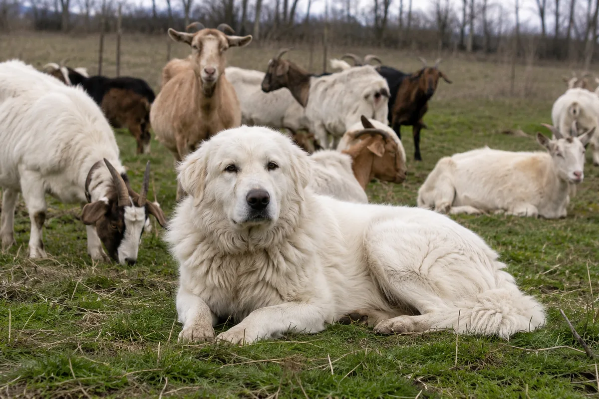 A white livestock guardian dog standing watch over goats in a pasture at dusk
