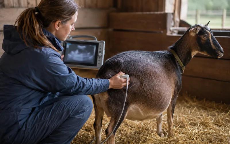 A veterinarian performing an ultrasound on a pregnant goat to estimate fetal age in a barn