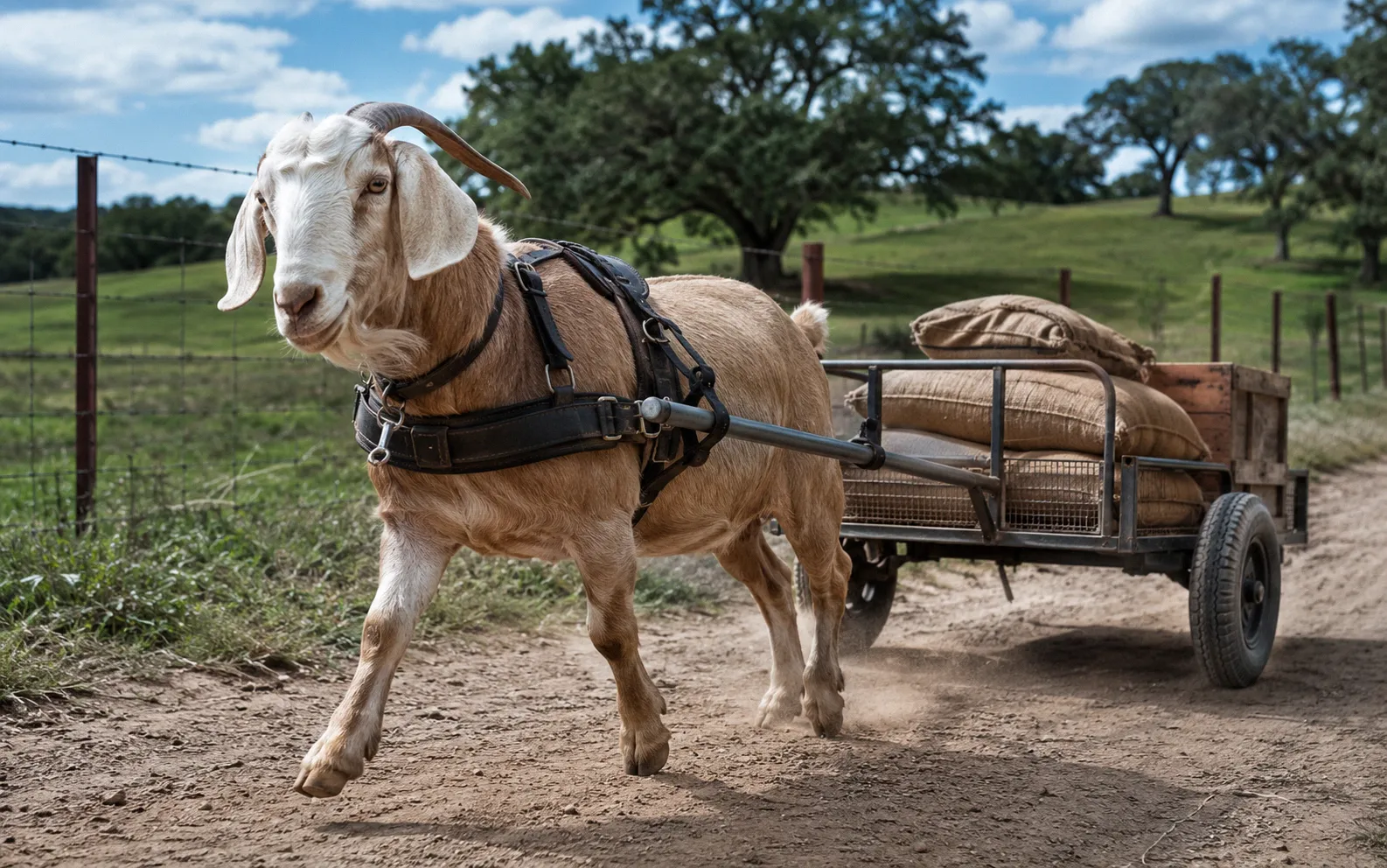 Adult Boer goat wearing a driving harness pulling a loaded two-wheeled cart along a packed dirt farm path