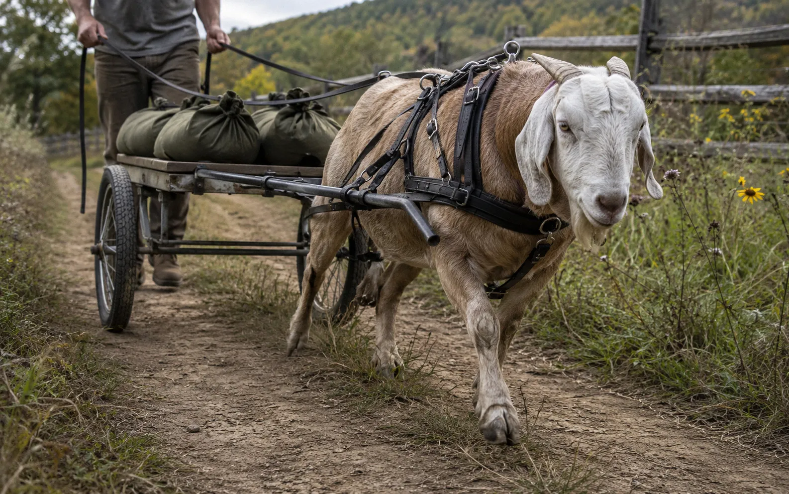 Harnessed goat confidently pulling a two-wheeled cart loaded with sandbags along a dirt trail on a homestead property