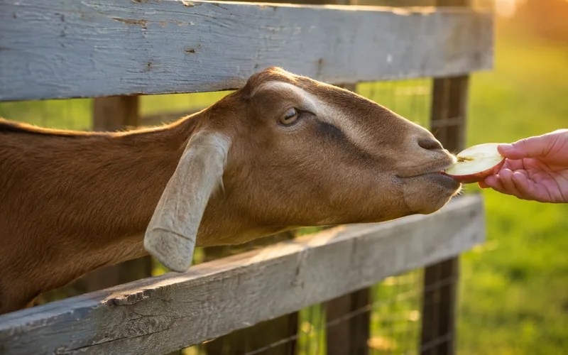 A goat stretching through fence rails to eat an apple slice from a person's hand