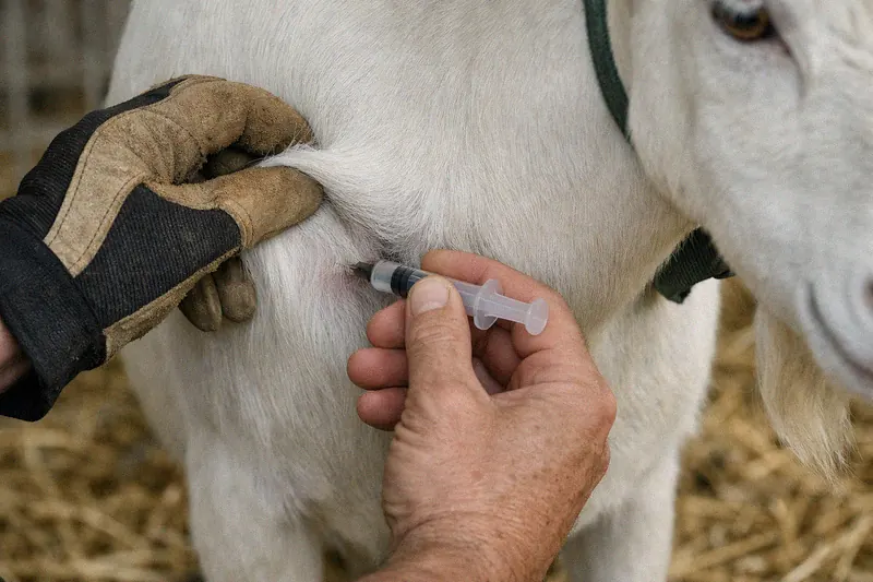 Farmer giving a goat a subcutaneous CDT vaccine injection behind the front leg