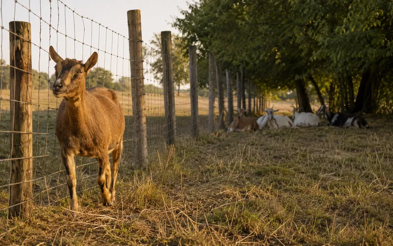 A single goat pacing restlessly along a fence line while the rest of the herd lies down in the shade