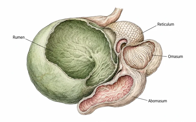 Cross-section diagram of a goat's four-chambered stomach highlighting the rumen