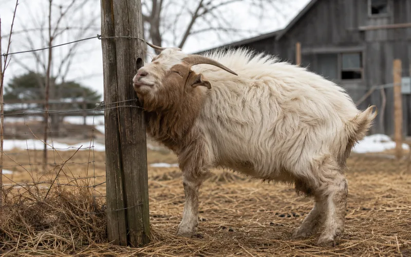 A goat with a thick winter coat scratching against a wooden fence, a sign of returning lice