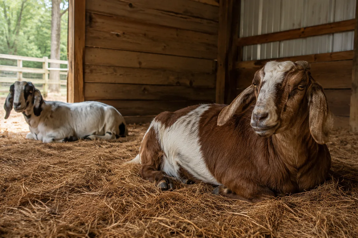 Deep dry bedding inside a goat shelter with goats resting comfortably
