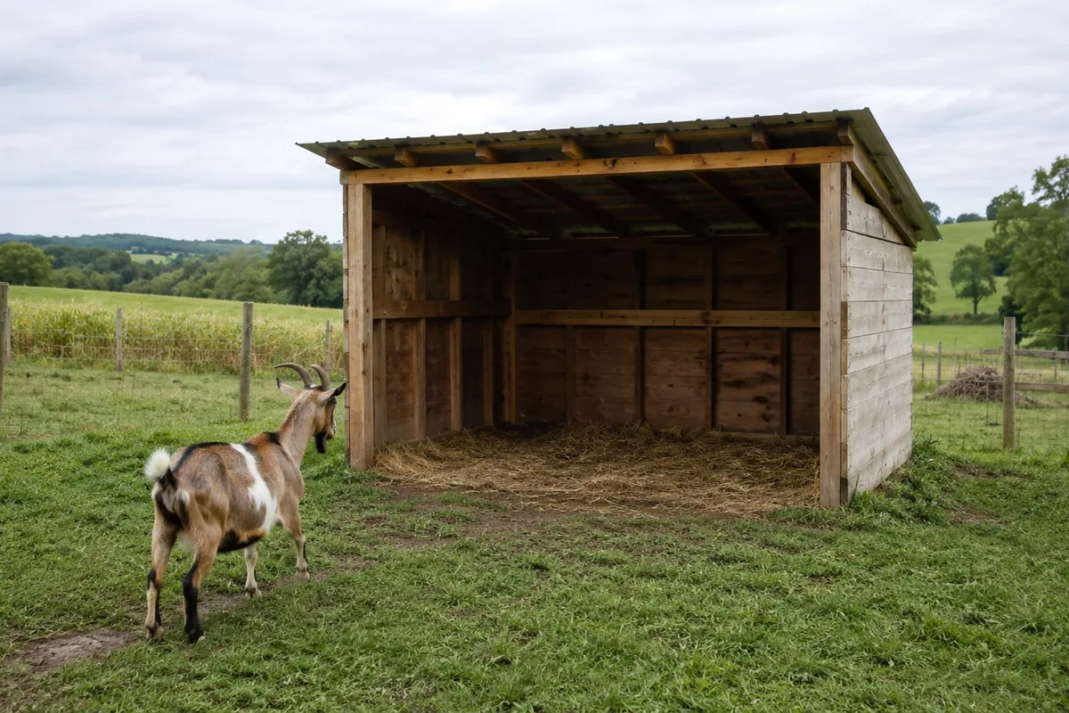 A simple three-sided wooden run-in shelter in a goat pasture