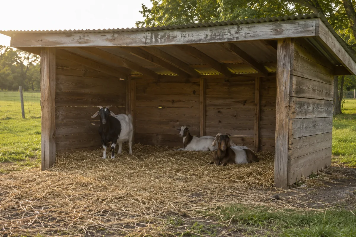 A simple three-sided wooden goat shelter with goats resting inside on dry bedding