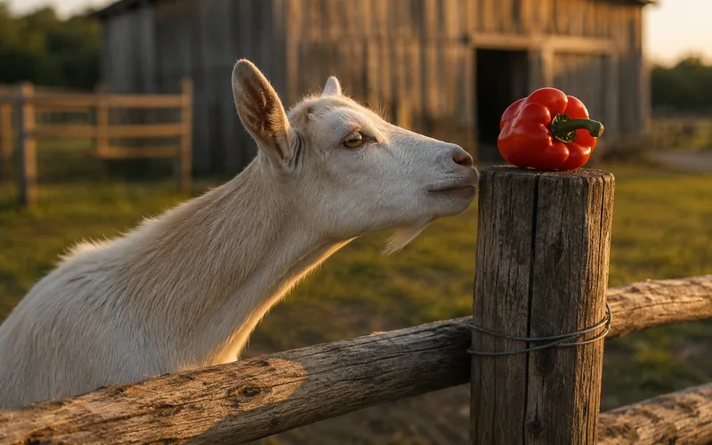A curious Nigerian Dwarf goat stretching its neck toward a red bell pepper on a fence post