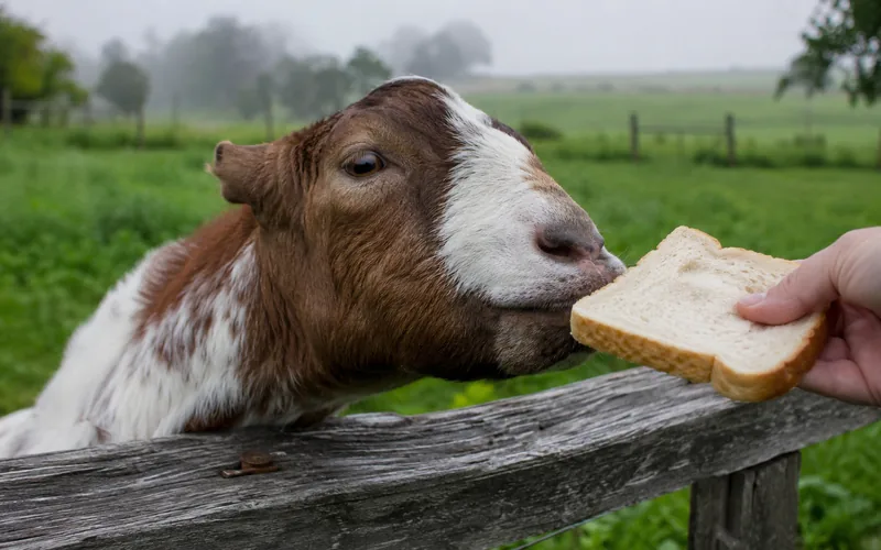 A curious brown and white goat sniffing a slice of bread held out over a wooden fence