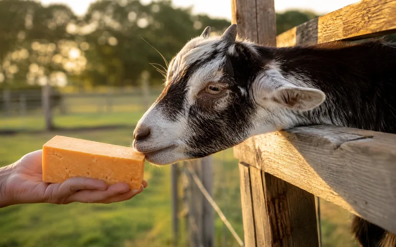 A curious goat sniffing a block of cheese held in a person's hand