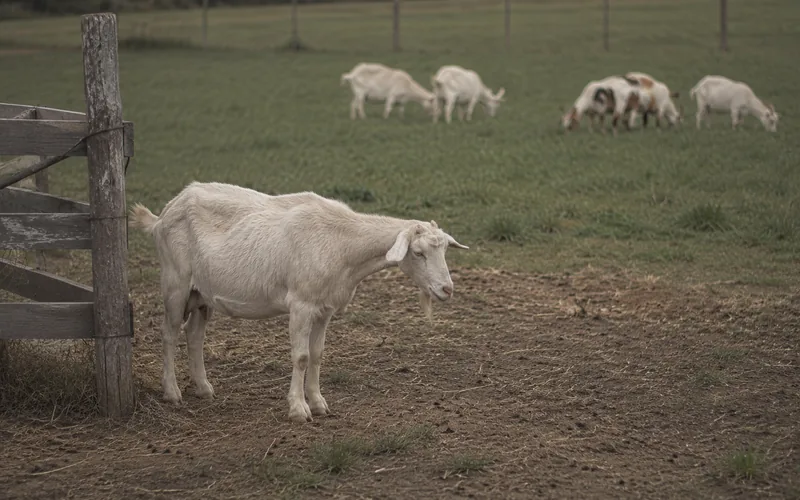 A lone goat standing apart from the herd near a wooden fence post looking lethargic while others graze