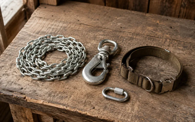 A steel tether chain, heavy-duty swivel snap, breakaway link, and goat collar laid out on a wooden surface