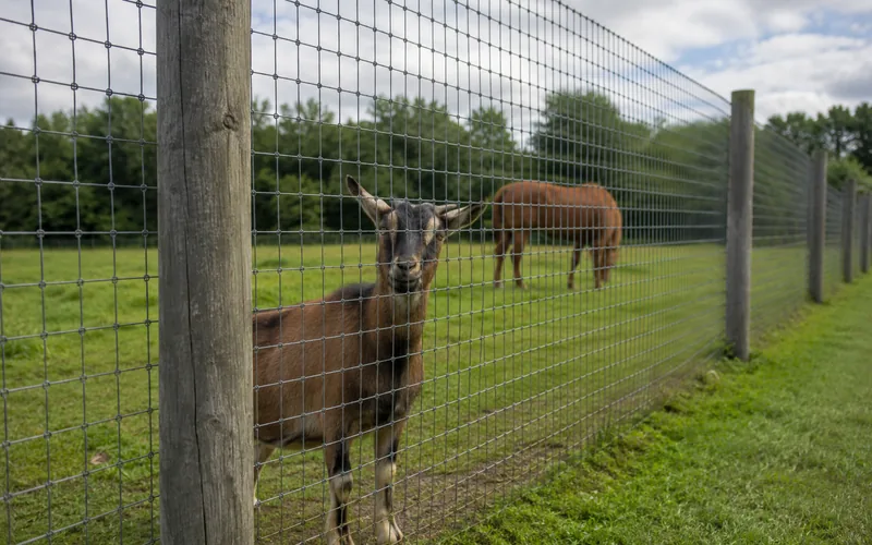 Goat-tight woven wire mesh fencing running along a shared horse and goat pasture